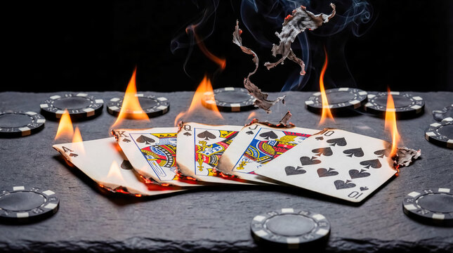 Burning royal flush spade suit fire flame dark background copy space extreme high stakes poker gambling danger risk bad beat intense casino template