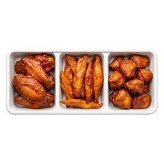 Delicious food. three compartments of tasty chicken wings and fries in white tray