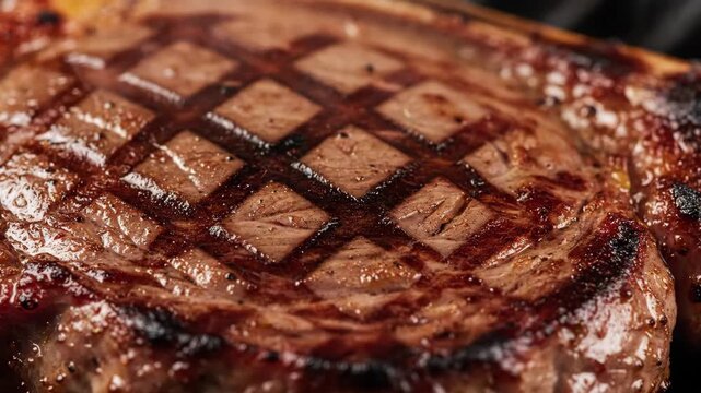 Close-up of a succulent grilled steak with sear marks.