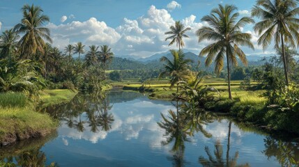 Obraz premium Tranquil river through lush green valley