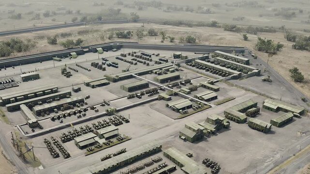 Military Vehicle Staging Area: Aerial View of Parked Tanks and Armored Personnel Carriers in Desert Training Ground.