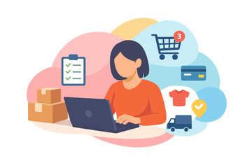 Fototapeta premium Woman shopping online using laptop with delivery icons.