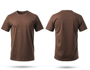 Plain brown cotton t-shirt mockup; men's casual fashion apparel; front and back views