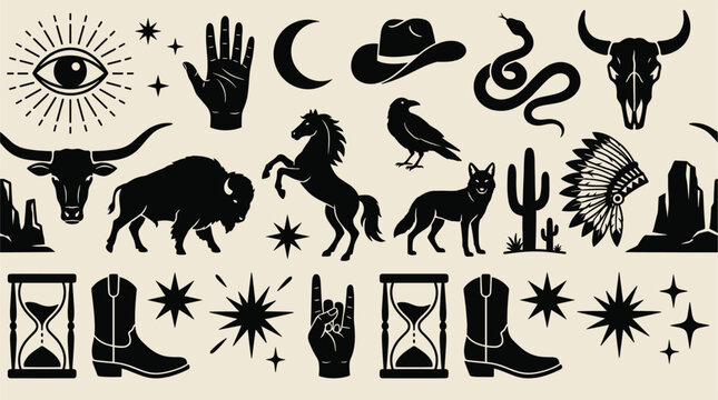 Western mystic elements collection in bold line art, skulls, animals, cowboy hats, boots, stars, and feathers