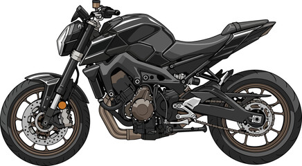 A sleek black motorcycle viewed from the side, showcasing its design and features in a clear and detailed manner, set against a plain background.