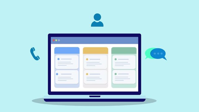 Flat vector animation of laptop task management dashboard with user icon, phone call, and chat bubble representing business communication, customer support, and digital workflow collaboration.