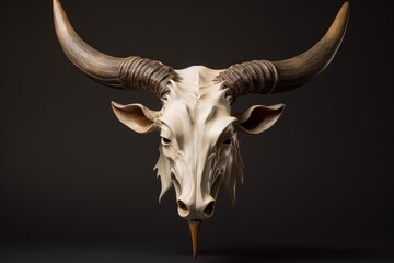 Fototapeta premium Sculpted animal skull with large horns against a shadowy backdrop, conveying danger