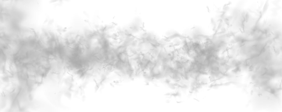 Mist flows across cloud, fog shapes in vapor air. Grey smoke curls slowly with smoky texture, rising steam. Storm, thunder and fire burning flame create realistic atmospheric phenomena. PNG vector.