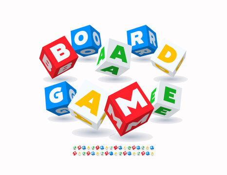 Vector Creative emblem Board Game. Children Colorful 3D Cube Font. Bright Kids Blocks Alphabet Letters and Numbers set.