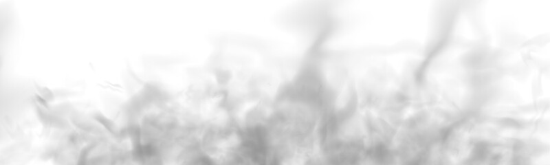 Naklejka premium Mist flows across cloud, fog shapes in vapor air. Grey smoke curls slowly with smoky texture, rising steam. Storm, thunder and fire burning flame create realistic atmospheric phenomena. PNG vector.