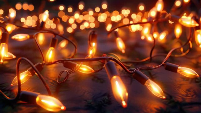 Warm lights twinkle softly against a blurred background. Twisted wires drape across a dark, textured surface. Glowing bulbs create cozy, festive ambiance. Soft bokeh enhances the gentle