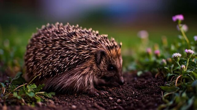 Cute hedgehog foraging for food in the dirt and grass