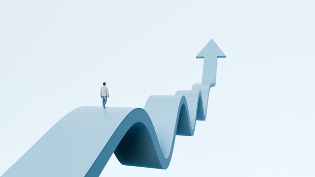 Man walking on a path shaped like a fluctuating arrow graph representing career ups and downs and eventual growth, 3d render