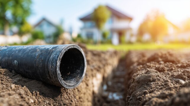 Black plastic drainage pipe in ground trench with houses on background