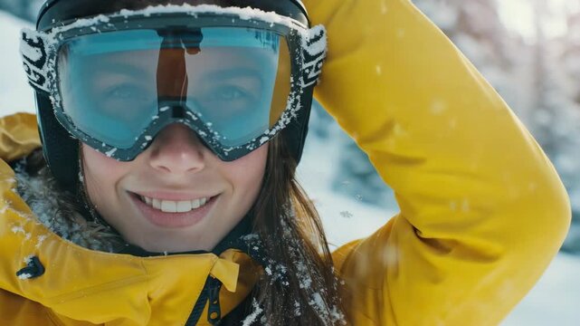 Snowy mountain slope gleams under soft sun. Skier smiles warmly at camera, eyes bright. Yellow jacket hugs her form, snowflakes dance. Goggles reflect light, capturing joyful spirit