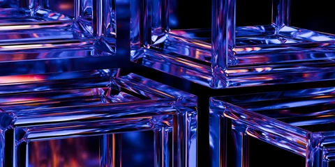 Cyber elements made of transparent glass and liquid acrylic purple blue glow on black backdrop cinematic tech background design cover art visuals 3d rendering © IM_VISUALS