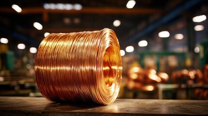 Coil of shiny copper wire in industrial factory setting