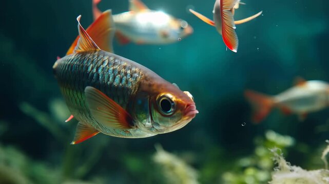 Colorful silver fish swims through clear water with green background in a natural habitat during daylight