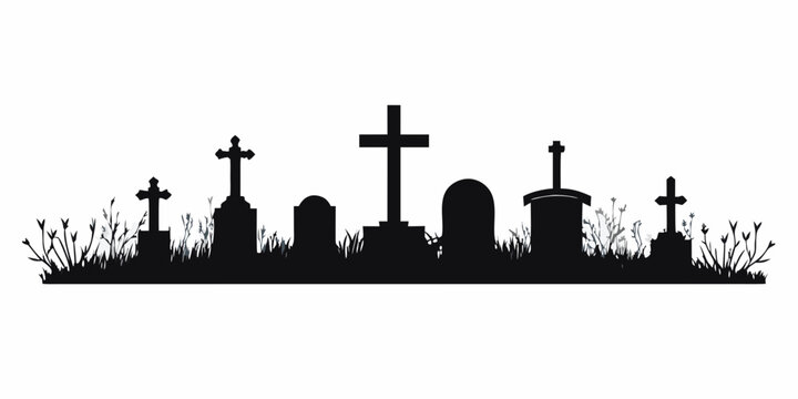 Silhouette of a graveyard with various tombstones and grassy elements