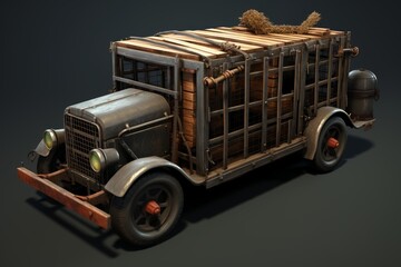 Vintage truck with rusted metal and wooden cargo box on a dark background