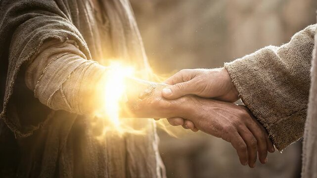 Cinematic close up of Jesus Christ performing a miraculous healing by touching the arm of a suffering person as divine golden light emanates from his hands in a biblical setting