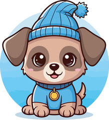 Fototapeta premium Adorable Cartoon Dog Wearing Blue Winter Hat and Sweater