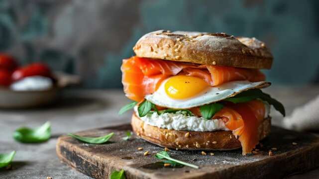 Delicious sandwich with salmon, egg, and cream cheese. Fresh ingredients layered in a crusty bread. Garnished with greens on rustic wooden board. Simple, appetizing composition with soft background