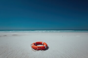 Obraz premium Lifebuoy On Beach Sand Ocean Backdrop