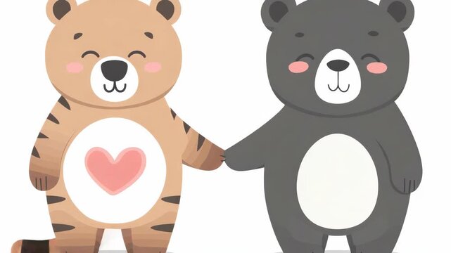 Two friendly bears hold hands, smiling warmly. One bear has stripes and a heart on its belly. The other is solid gray with a white belly. They stand close, showing affection and kindness