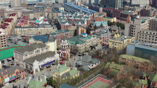 Dalian Russian District Aerial View with Colorful Historic Roofs
