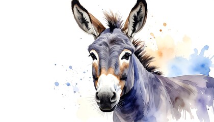 Fototapeta na wymiar Watercolor painting of a donkey, with textured brush strokes and gentle color washes, on a white background