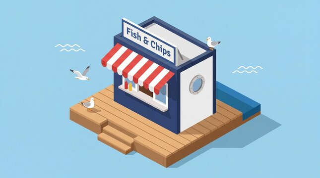 Isometric Fish and Chips Shop on Wooden Platform with Seagulls.