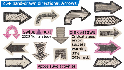 Collection of hand drawn directional arrows in various styles and colors © MINA