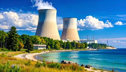 Fototapeta premium Large industrial cooling towers beside a body of water on a sunny day