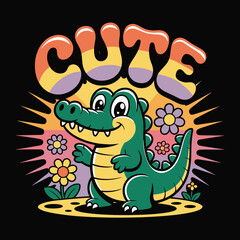 Fototapeta premium Cute Cartoon Crocodile with Flowers Kawaii Animal Character Typography Illustration