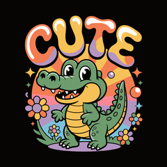 Cute Cartoon Crocodile with Flowers Kawaii Animal Character Typography Illustration