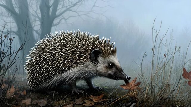 Misty forest whispers around a hedgehog. Spines gleam in soft, gray light. It stands alert on mossy ground. Leaves drift near its cautious paws. Trees fade into foggy distance