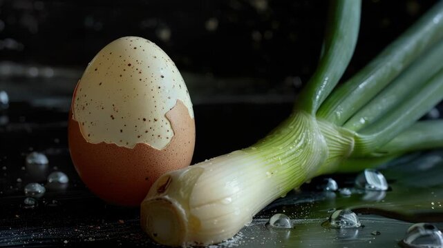 Fresh egg rests beside green onion on dark, wet surface. Tiny droplets gleam around both items. Natural light highlights textures and moisture. Slightly cracked shell adds subtle realism