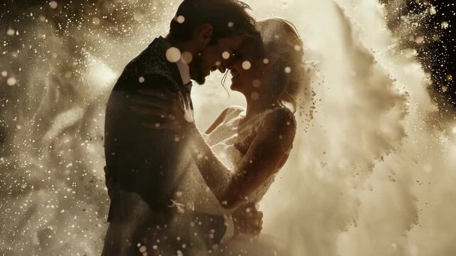 Romantic embrace beneath swirling golden dust. Soft light glows behind tender silhouettes. They hold close as particles drift around them. Emotion pulses in the quiet, hushed moment