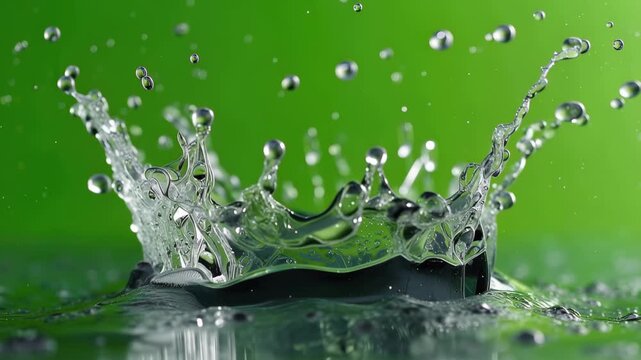 Water splash with liquid movement and droplets on green background during daytime
