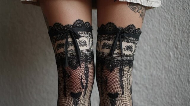 Elegant Woman's Legs in Black Lacy Stockings, Close-Up Portrait, Fashion Beauty Lifestyle, Studio Photography.