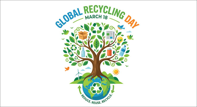 Global recycling day illustration with a tree made of recyclable materials