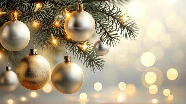 Golden ornaments dangle from pine branches. Warm lights glow softly in the background. Festive bokeh adds depth to the scene. Holiday charm radiates from the decorations