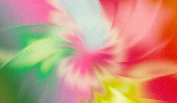 Abstract grainy noise texture background with swirling pink green and yellow curved petals, blurred spring gradient glow effect and soft film grain overlay for creative banner, poster header
