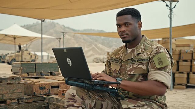 U.S. Army Soldier Deployed in Desert Environment, Using Laptop for Mission Planning and Communication.