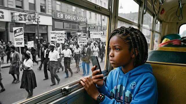 Young African American girl wearing a blue hoodie sitting on a yellow bus seat while looking through a window at a 1960s civil rights protest march with equality signs. Juneteenth