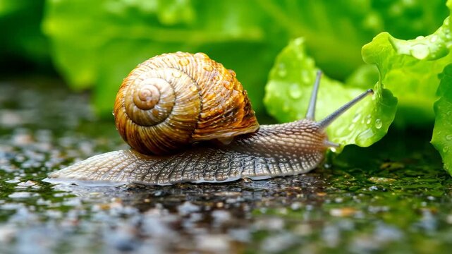 Snail with water droplets on shell crawling near wet lettuce.