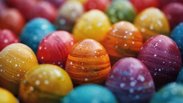 Colorful Easter eggs glow softly in warm light. Each egg features unique patterns and speckled designs. Rich hues blend harmoniously in a festive arrangement