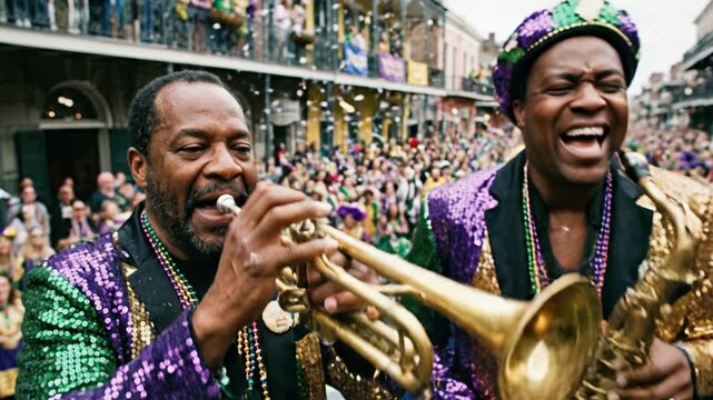 Two happy African American musicians in sparkling purple and green sequined jackets playing trumpet and saxophone during a vibrant Mardi Gras parade celebration on a crowded street in New Orleans