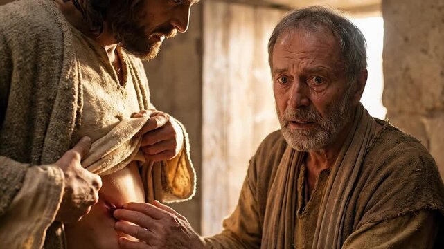 Cinematic scene of Doubting Thomas reaching out to touch the side wound of Jesus Christ during an emotional biblical encounter filled with shock and realization under soft divine lighting